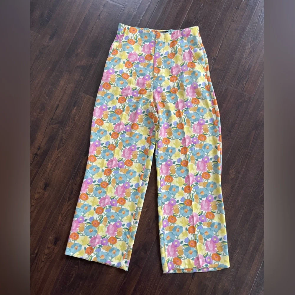 ZARA Floral Print Wide Leg High Waisted Flowy Pants Yellow Blue Green Size XL